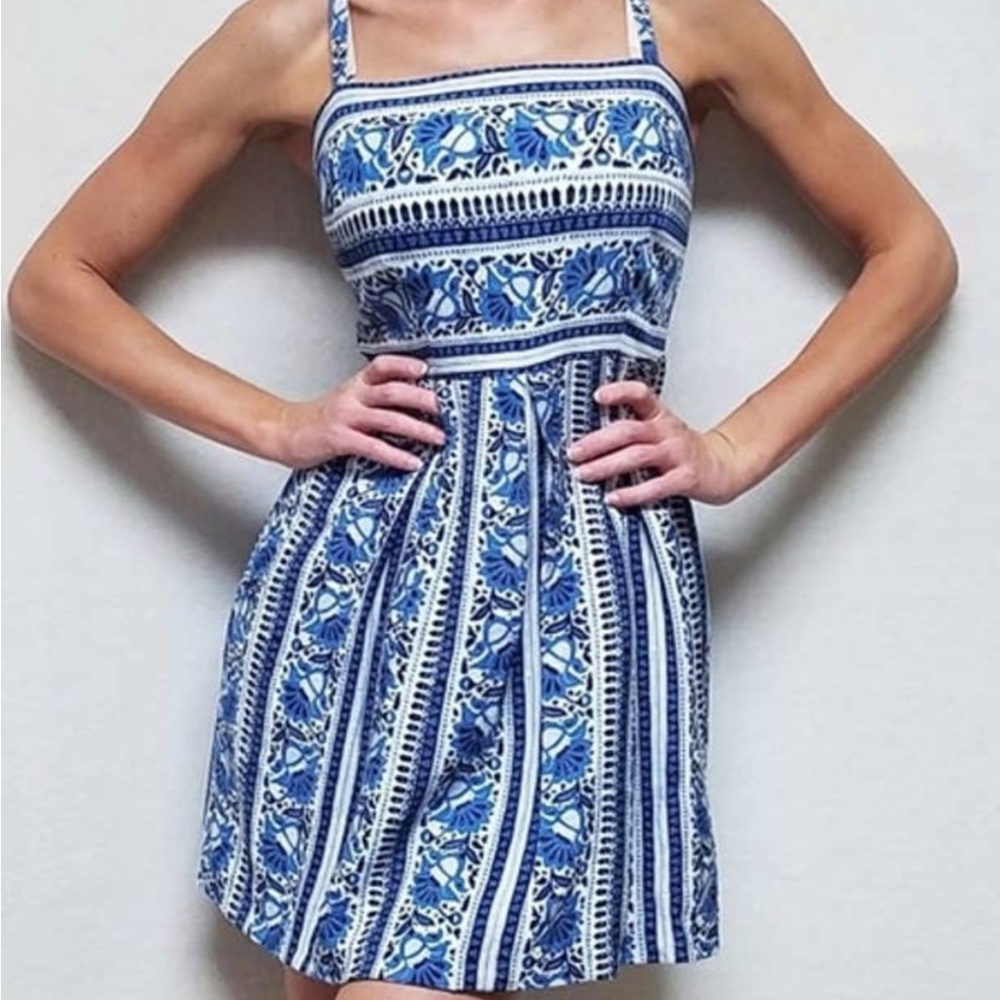 LOFT Mediterranean  Blue and White Sleeveless Sundress with Inverted Pleats .